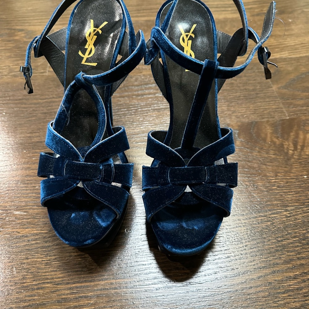YSL Yves Saint Laurent Women's Blue Velvet Sandals